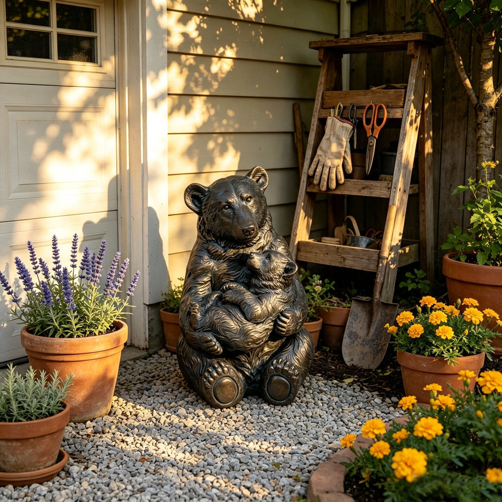 19'' Antique Bronze Mother And Cub Bear Statue