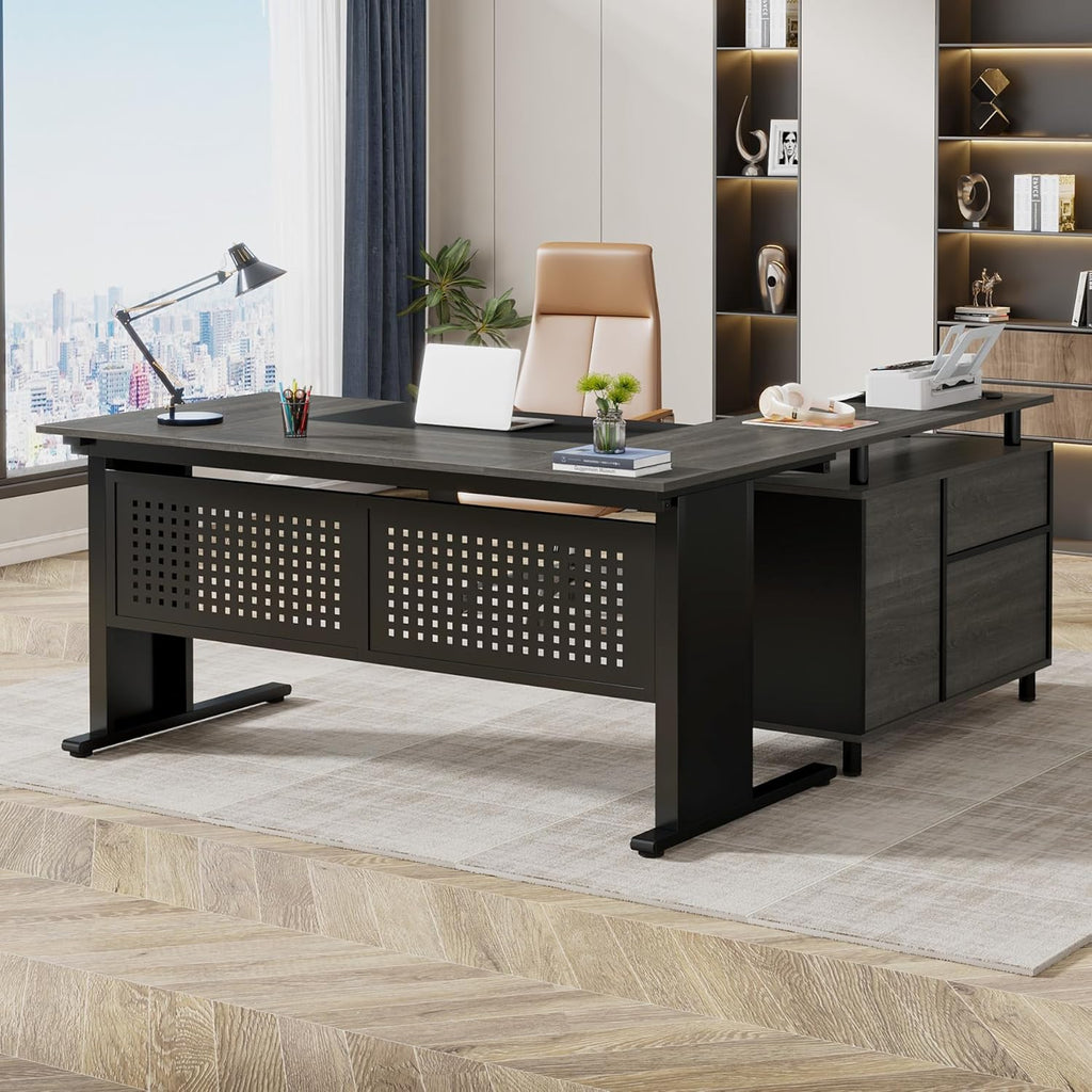 63" L-Shaped Executive Desk with File Cabinet