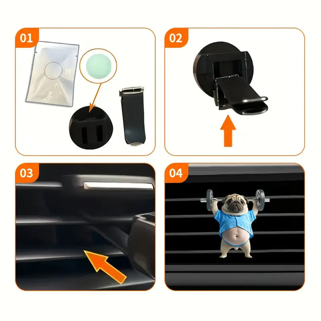 Cute Weightlifting Puppy Flat Acrylic Car Air Vent Perfume Clip Decoration
