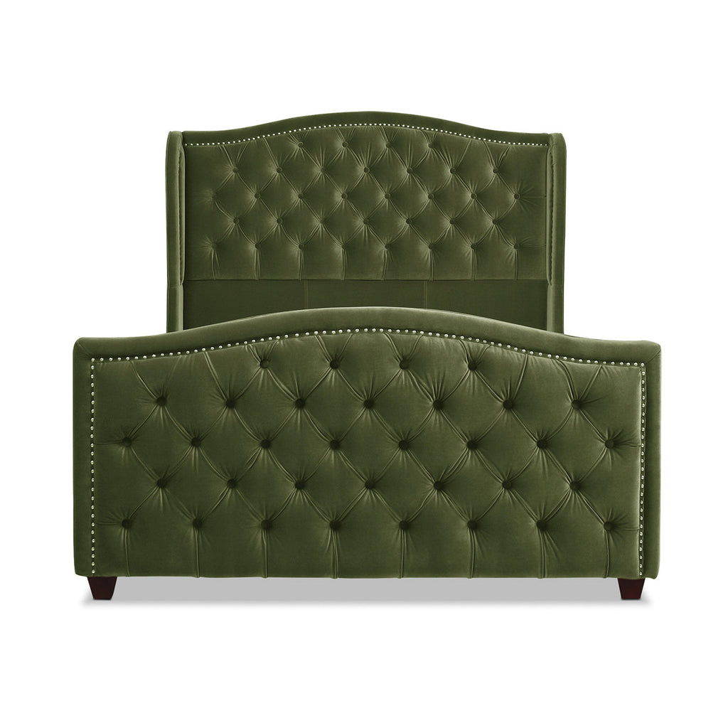 Marcella Upholstered Shelter Headboard Bed Set, Queen, Olive