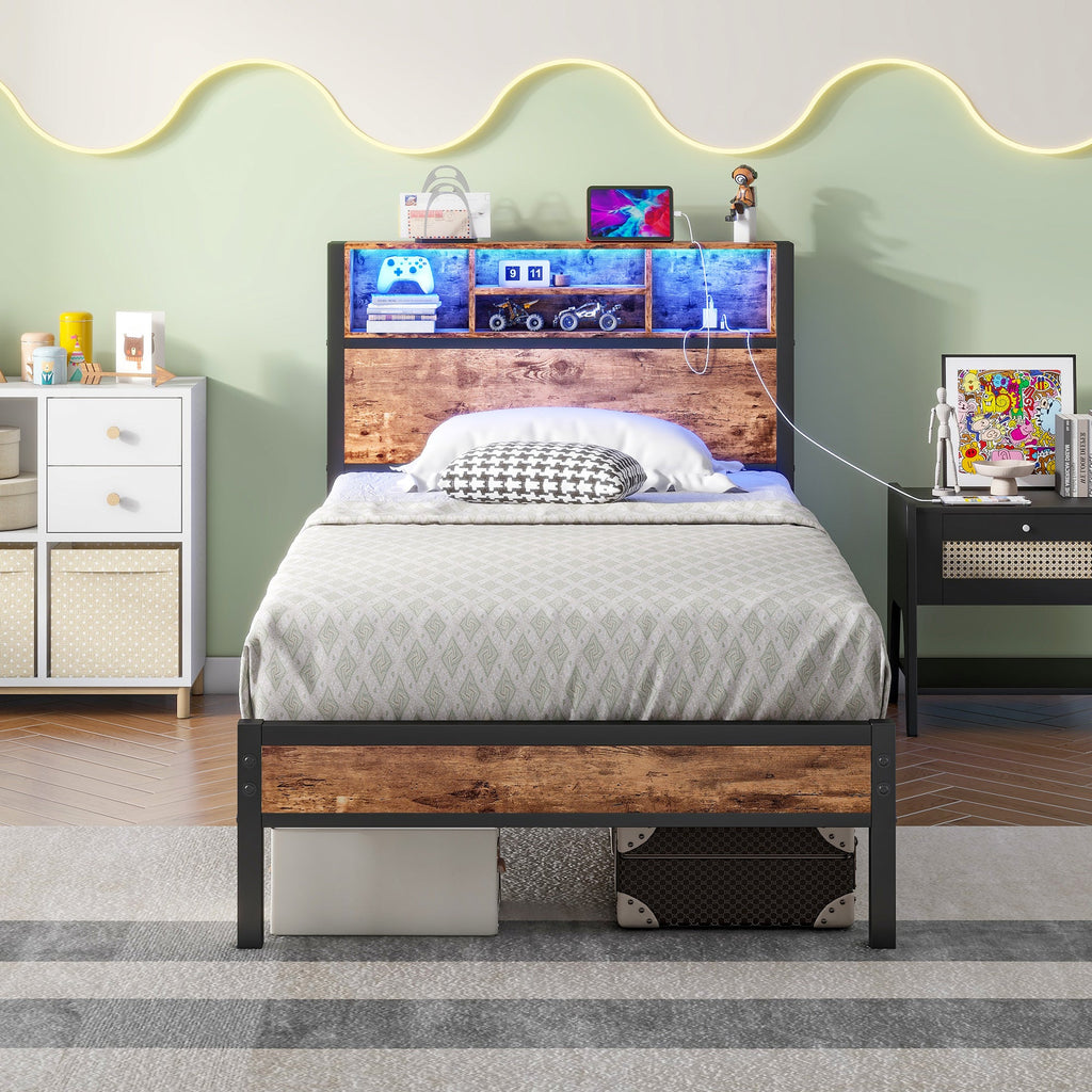 Twin Size Bed Frame with Storage Headboard
