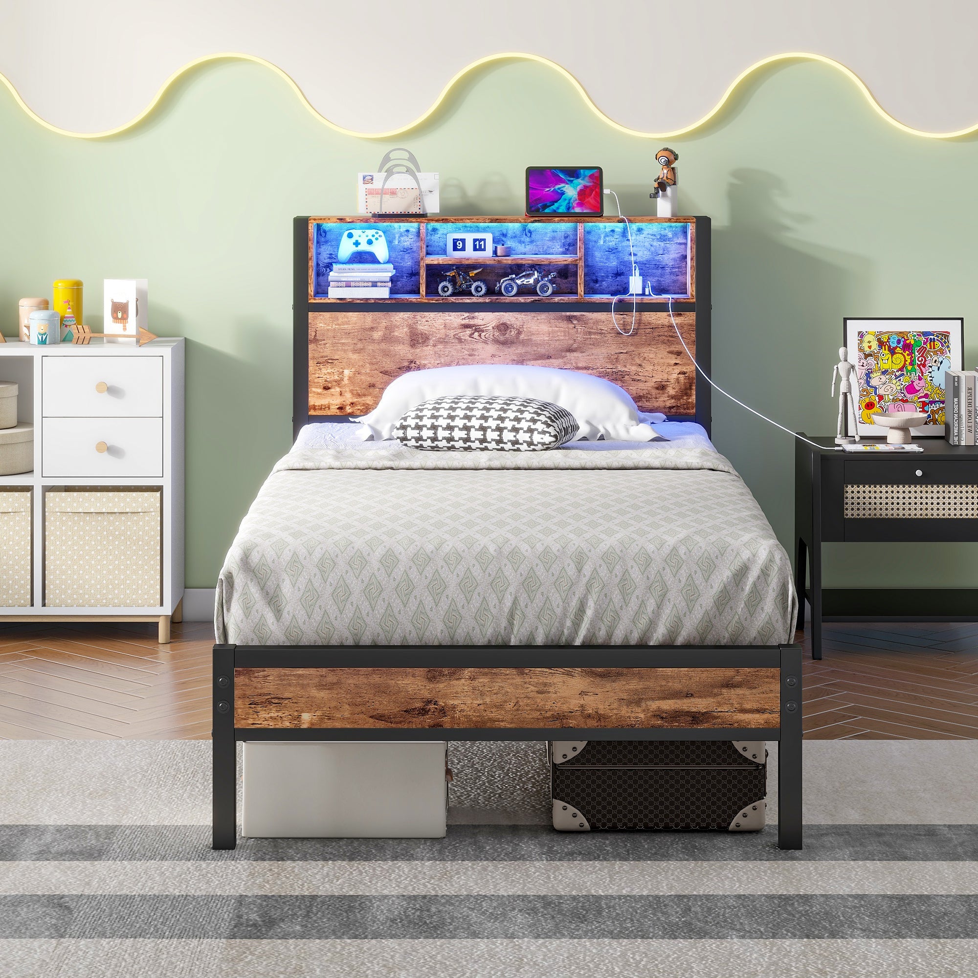 Twin Size Bed Frame with Storage Headboard