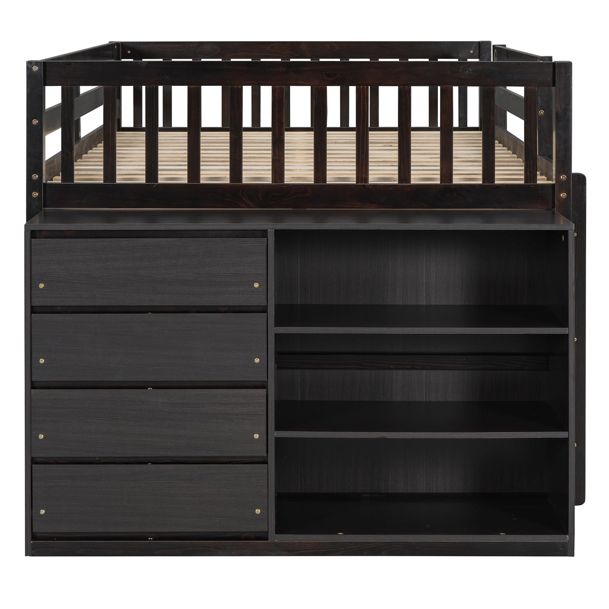 Full Over Full Bunk Bed with 4 Drawers and 3 Shelves - Espresso