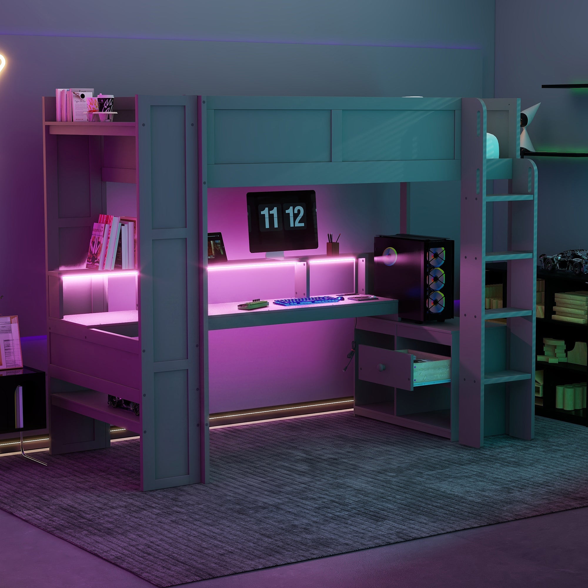 Wood Twin Size Gaming Loft Bed with Desk, Multi-storage Shelves, LED and Charging Station