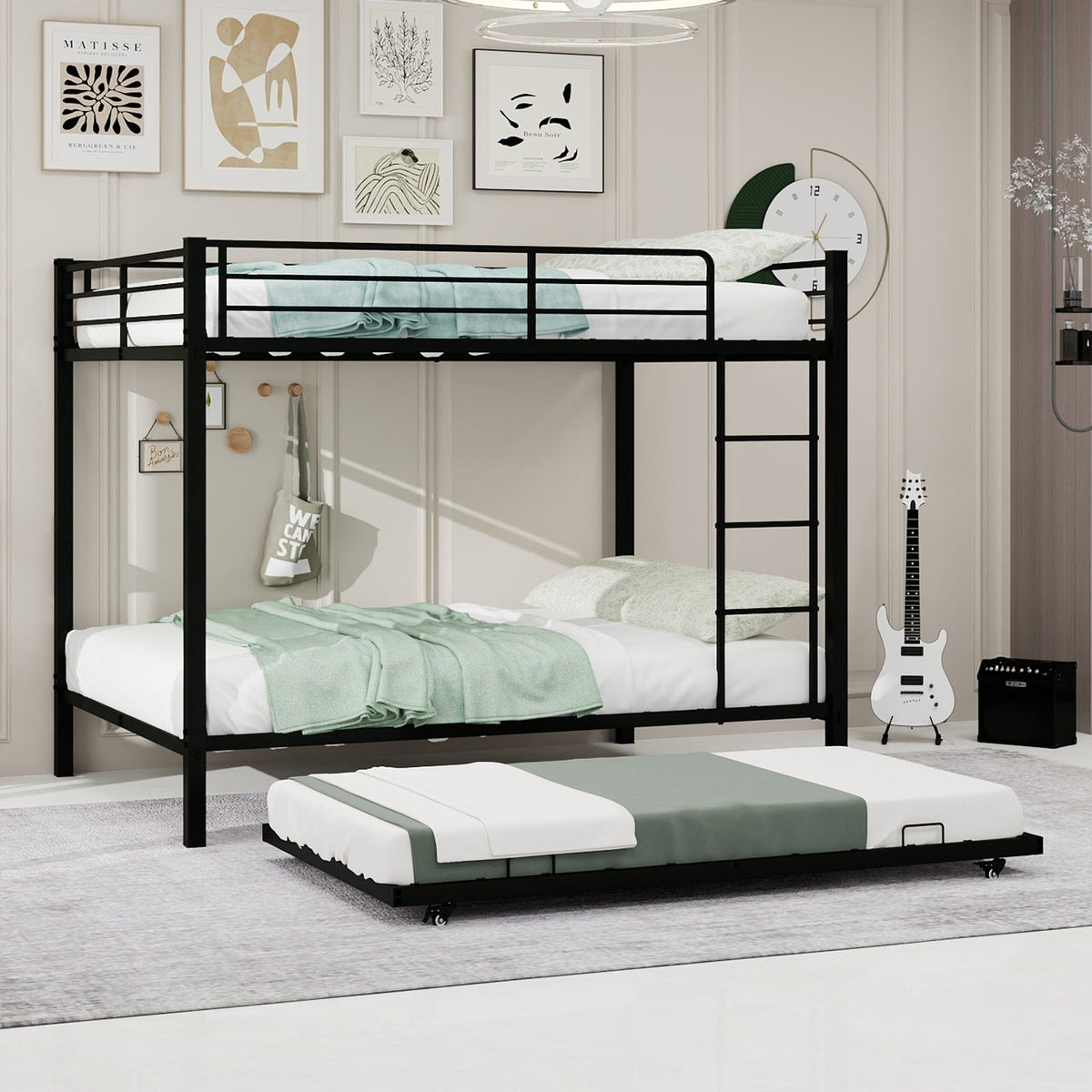 Durable Square Tube Iron Bunk Bed Featuring Safety Rails