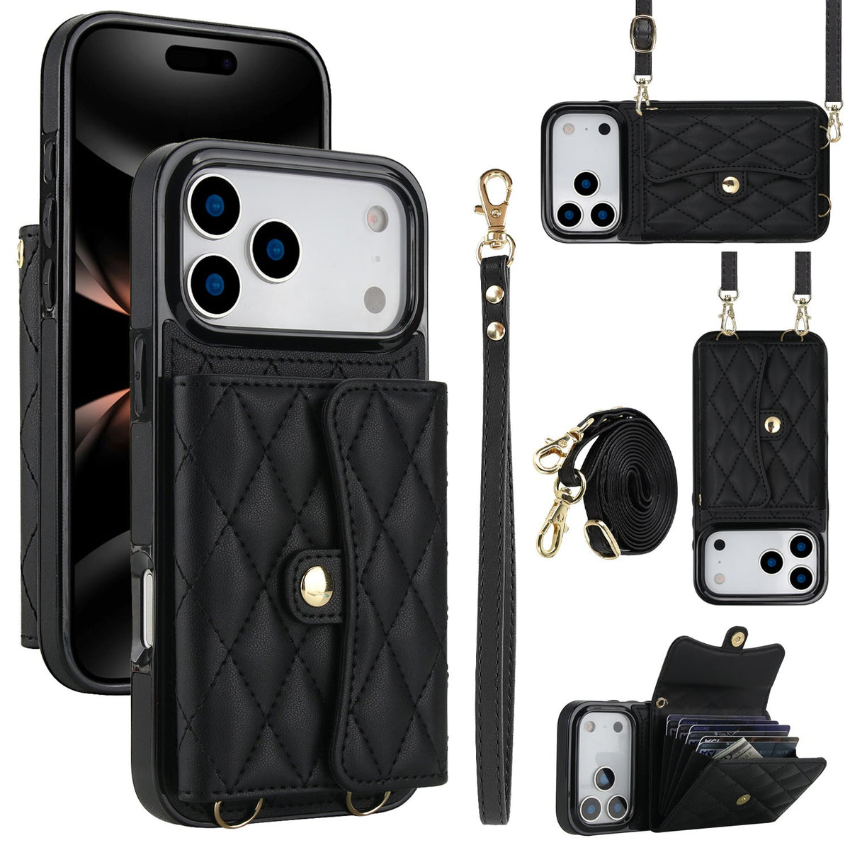 Phone Case Protective Leather Cover Crossbody Shoulder Strap Quilted Chanel-style