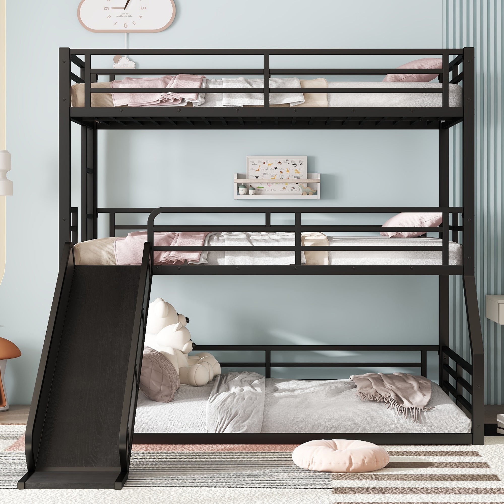 Metal Triple Bunk Bed with Slide