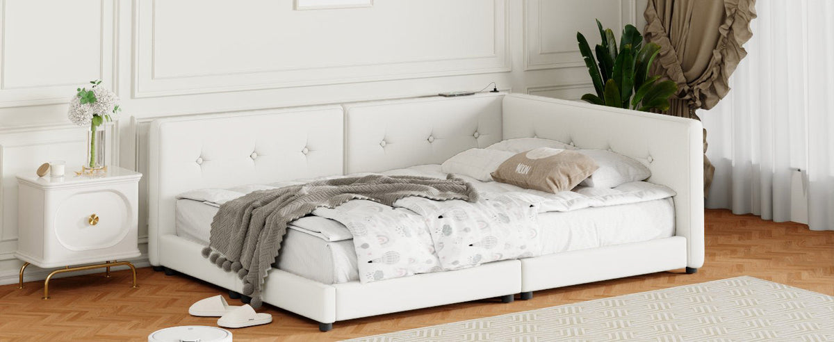 Upholstered Queen Size Platform Bed with USB Ports