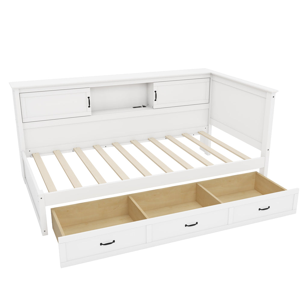 L-Shaped Bed Frame with Drawer and Bookcase