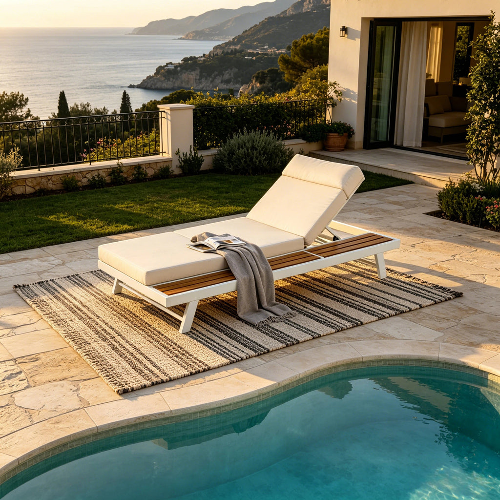 White Iron + Teak Finish Outdoor Chaise Lounge Set