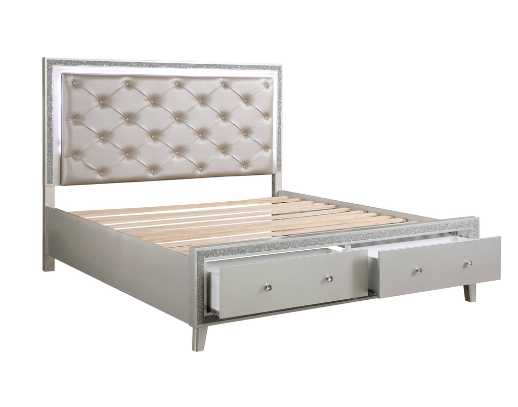 Sliverfluff Synthetic Leather & Champagne Finish EK Bed W/Storage