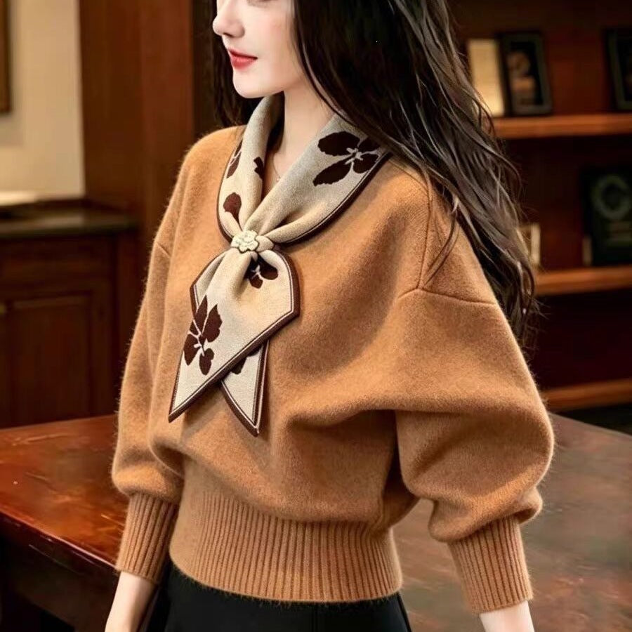 Bow-knot Collar Warm Knitted Sweater For Women