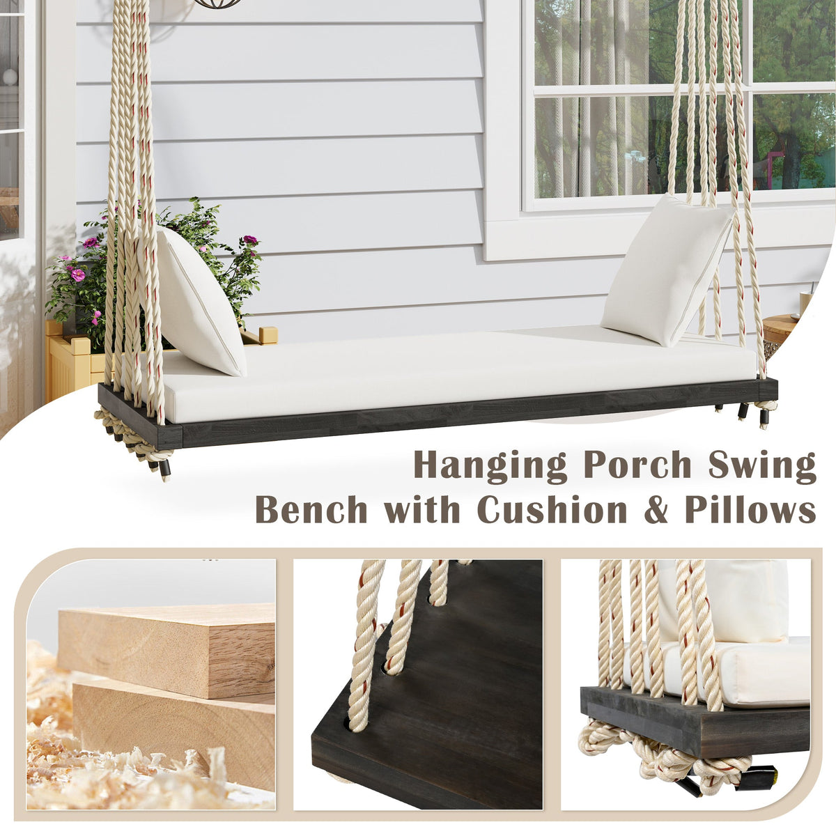 TOPMAX Patio Wooden Swing Chair, Hanging Porch Swing Bench