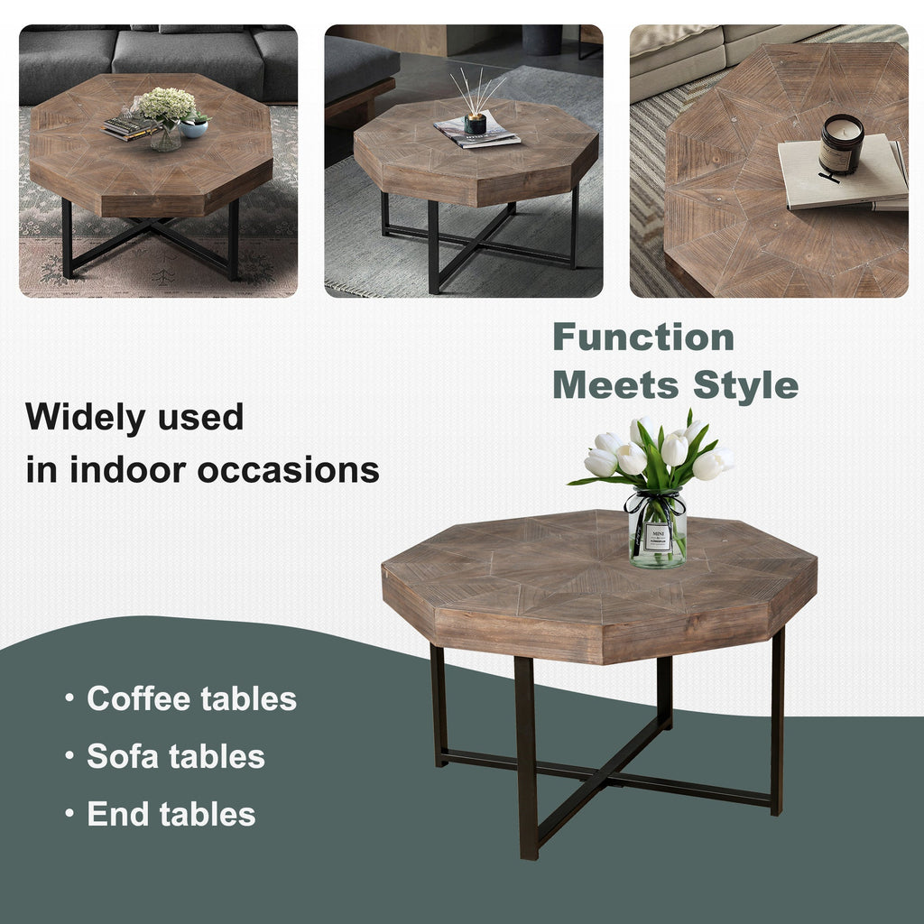 Wood Octagonal Vintage Patchwork Craft Farmhouse Coffee Table