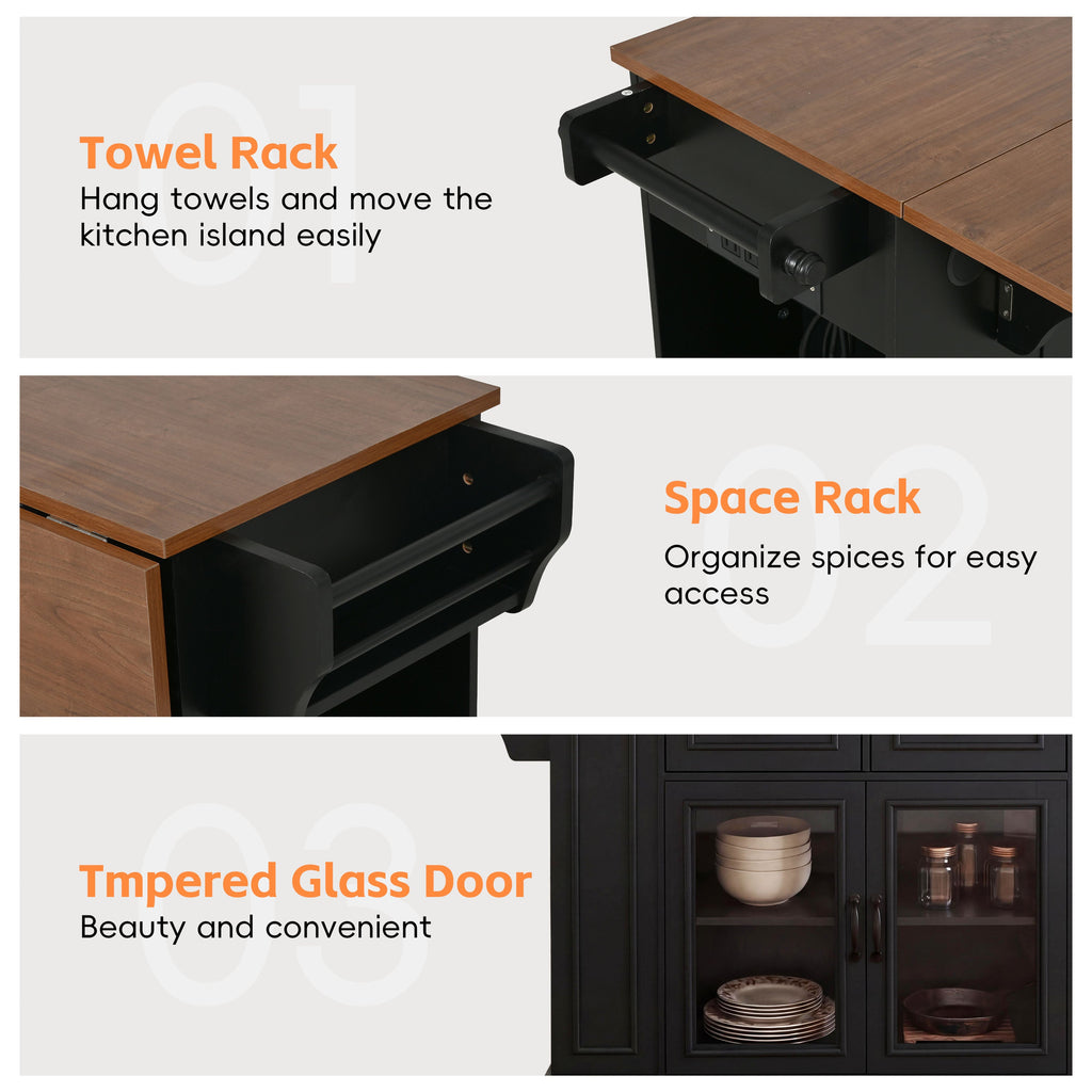 54" Mobile Kitchen Island with Glass Door Storage