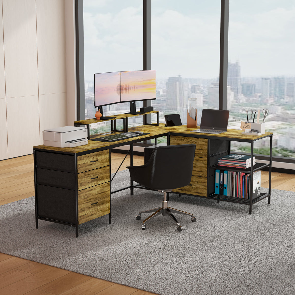 114" L-Shaped Desk with Power Hub, Industrial Design