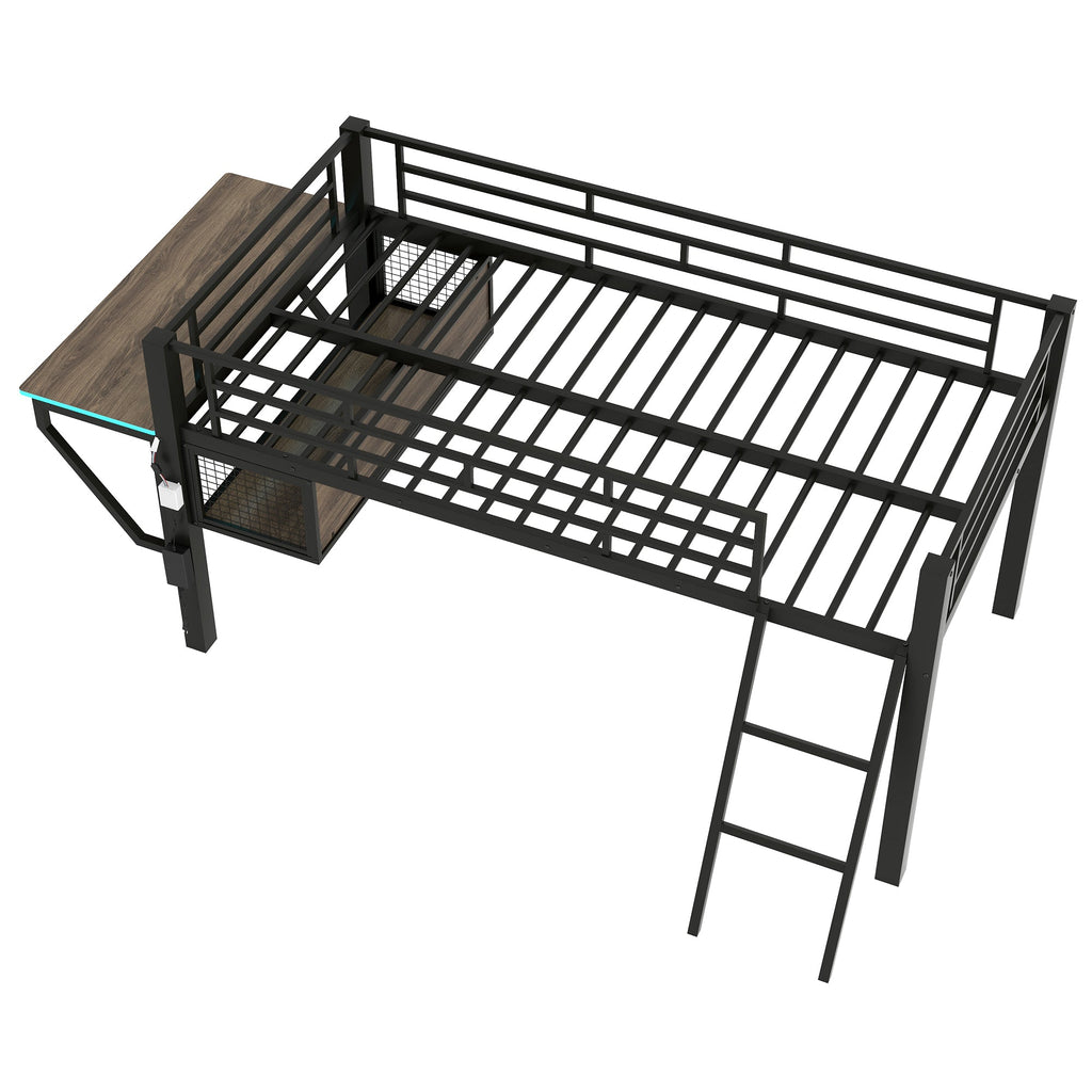 Gaming Mid Loft Bed With Desk & LED, Twin Size