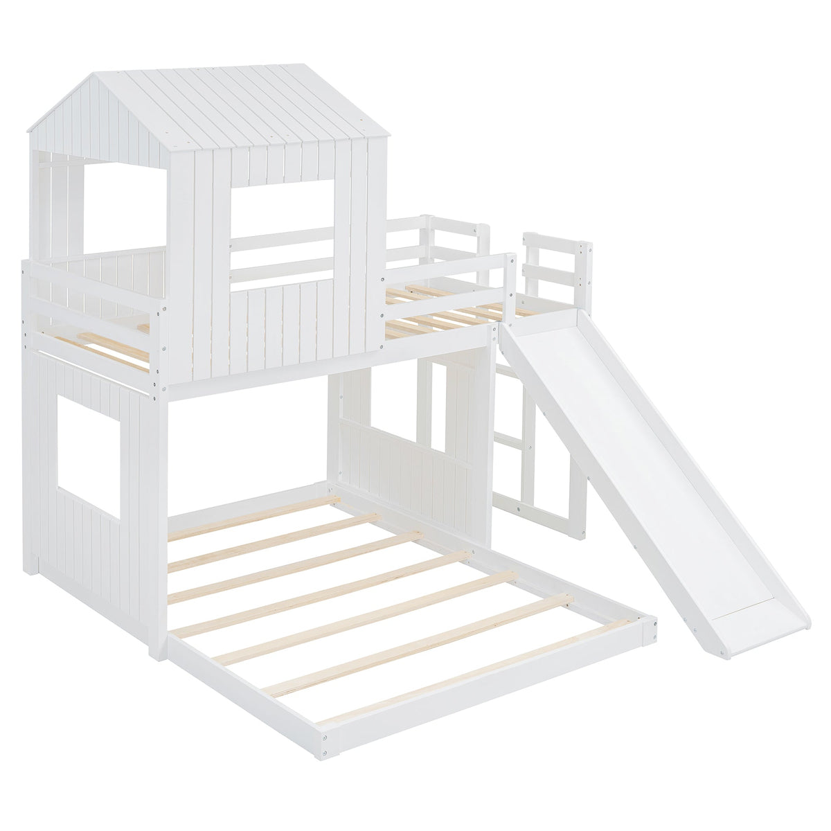 Wooden Twin Over Full Bunk Bed with Playhouse