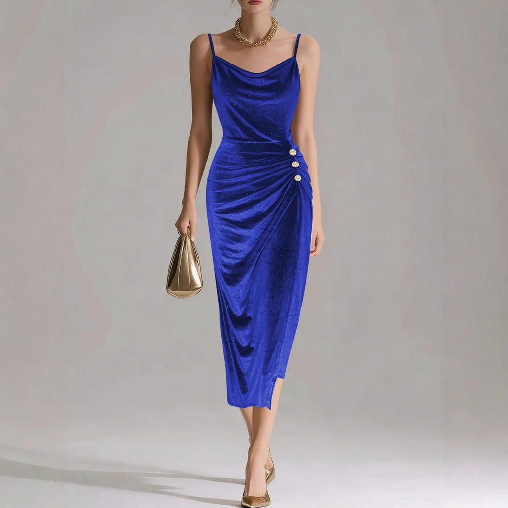 EBay Independent Site European And American Cross-border Foreign Trade Shiny Velvet Bodycon Dress With A Swing Collar, Waist-cinching, Side Slit, And Spaghetti Straps