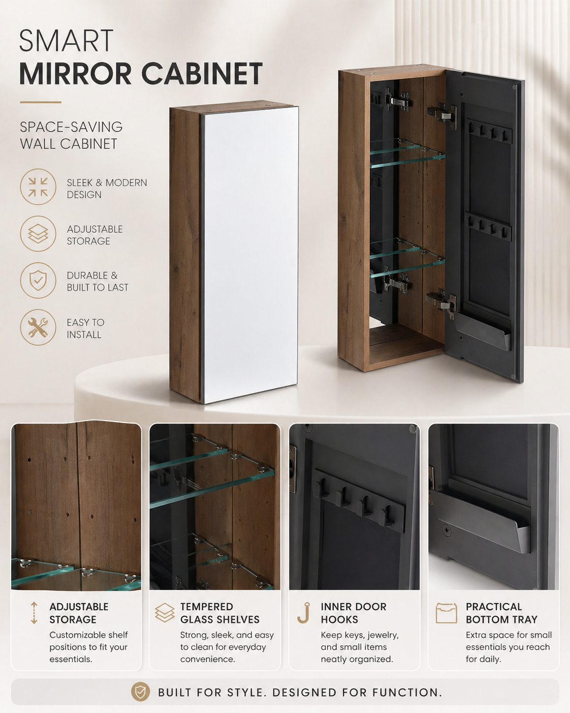 10" Bathroom Mirror Cabinet with Storage