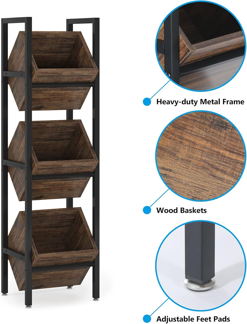 15" 3-Tier Industrial Basket Stand with Angled Baskets
