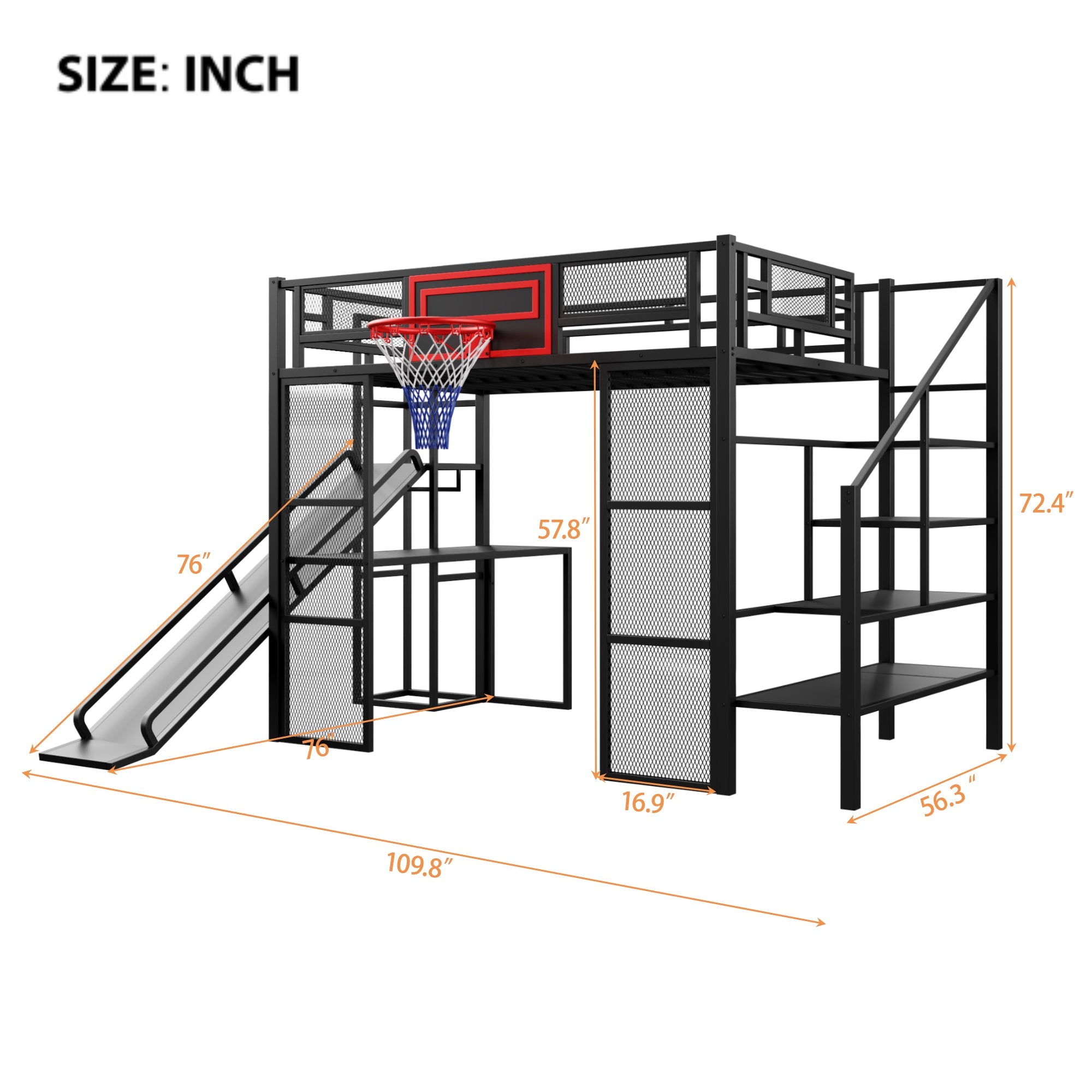 Full Size Metal Loft Bed with Built-in Desk, Open Wardrobe, Basketball Hoop, Slide and Staircase