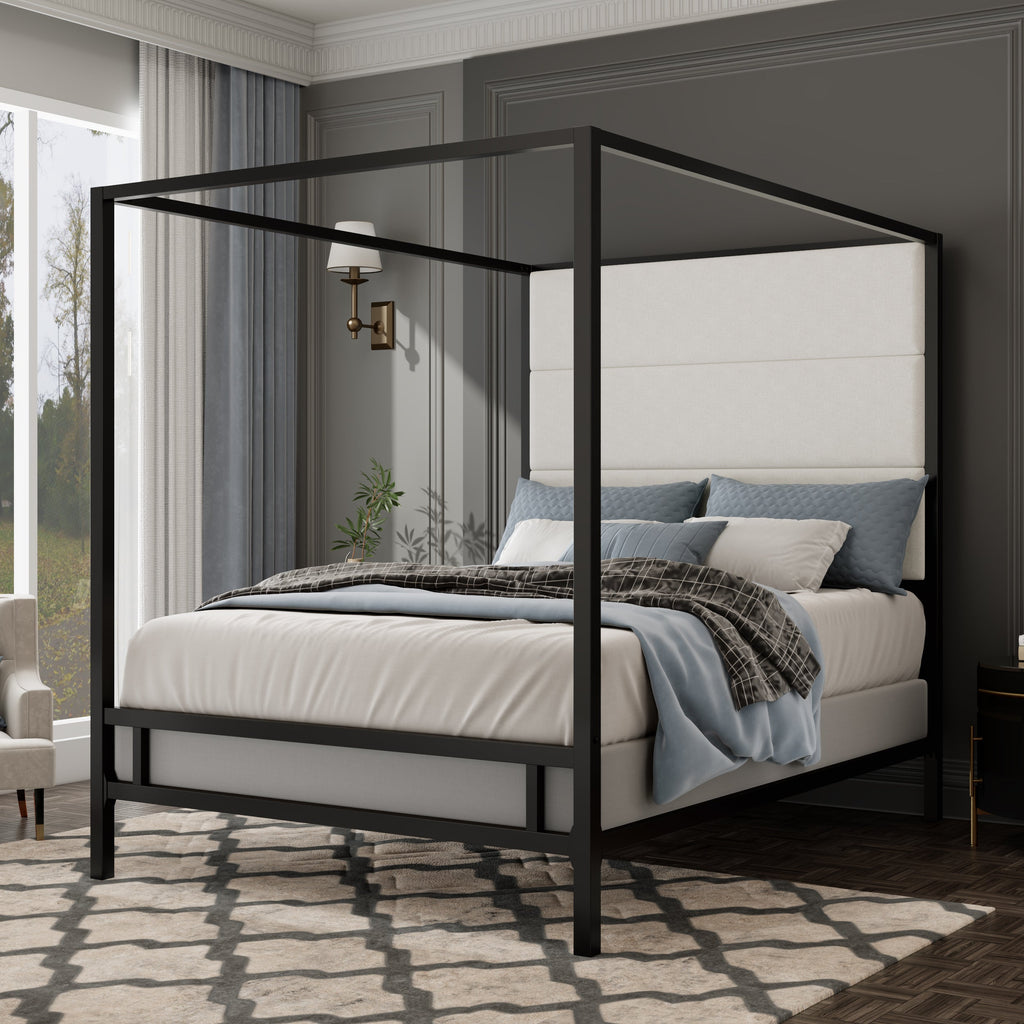 Modern Canopy Bed with Velvet Upholstered Headboard