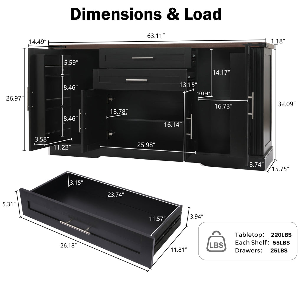 63" Farmhouse Barn Door Storage Cabinet with 2 Drawers & Door Rack