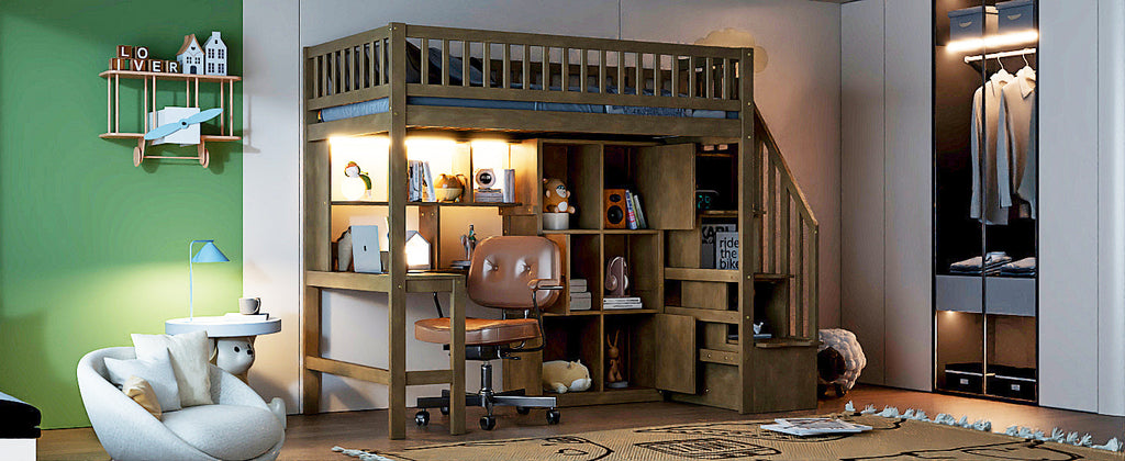 Wood Twin Size Loft Bed with Built-in Desk, LED, Storage Shelves, Cabinets and Staircase