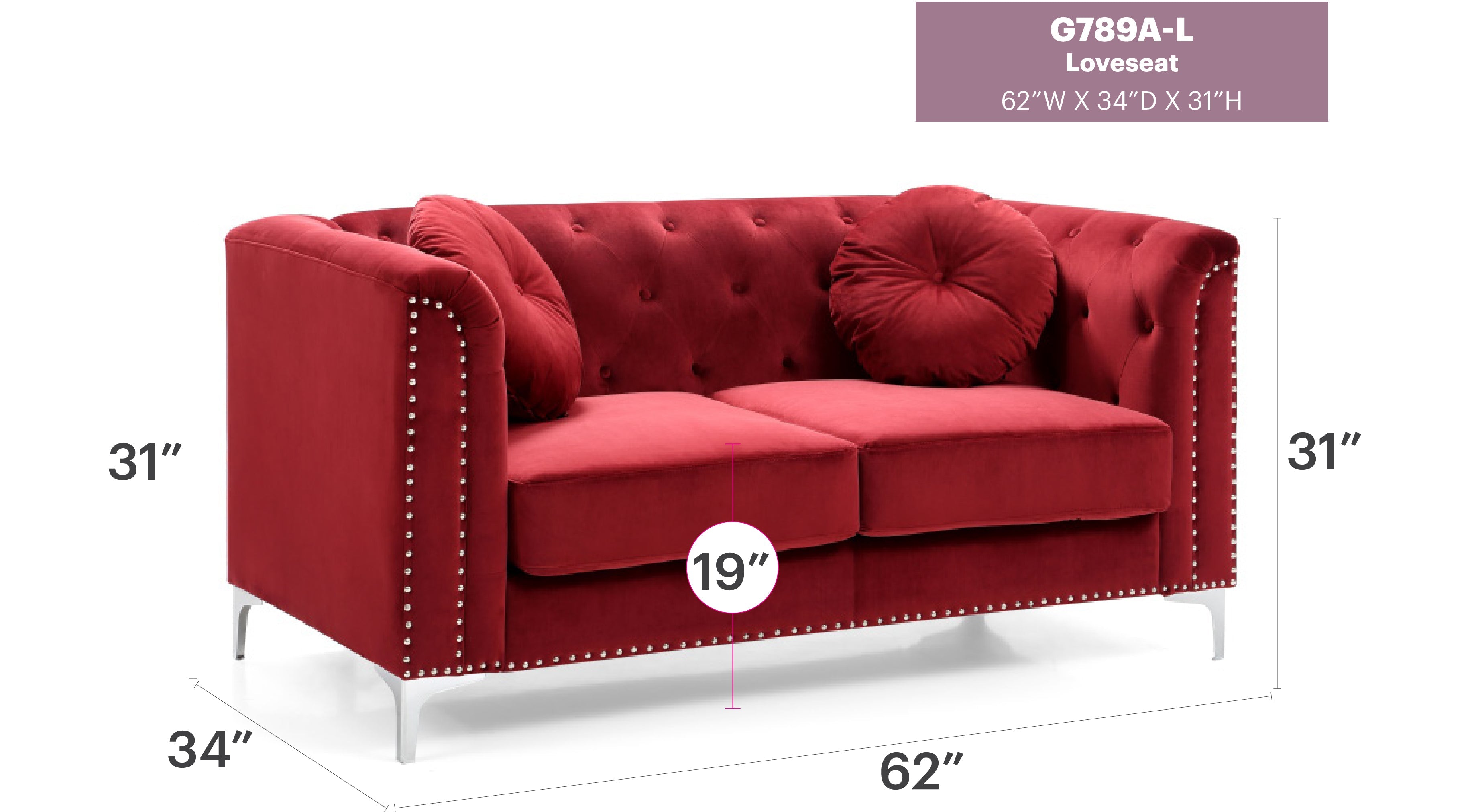 Chic Sloped Arm Loveseat in Burgundy