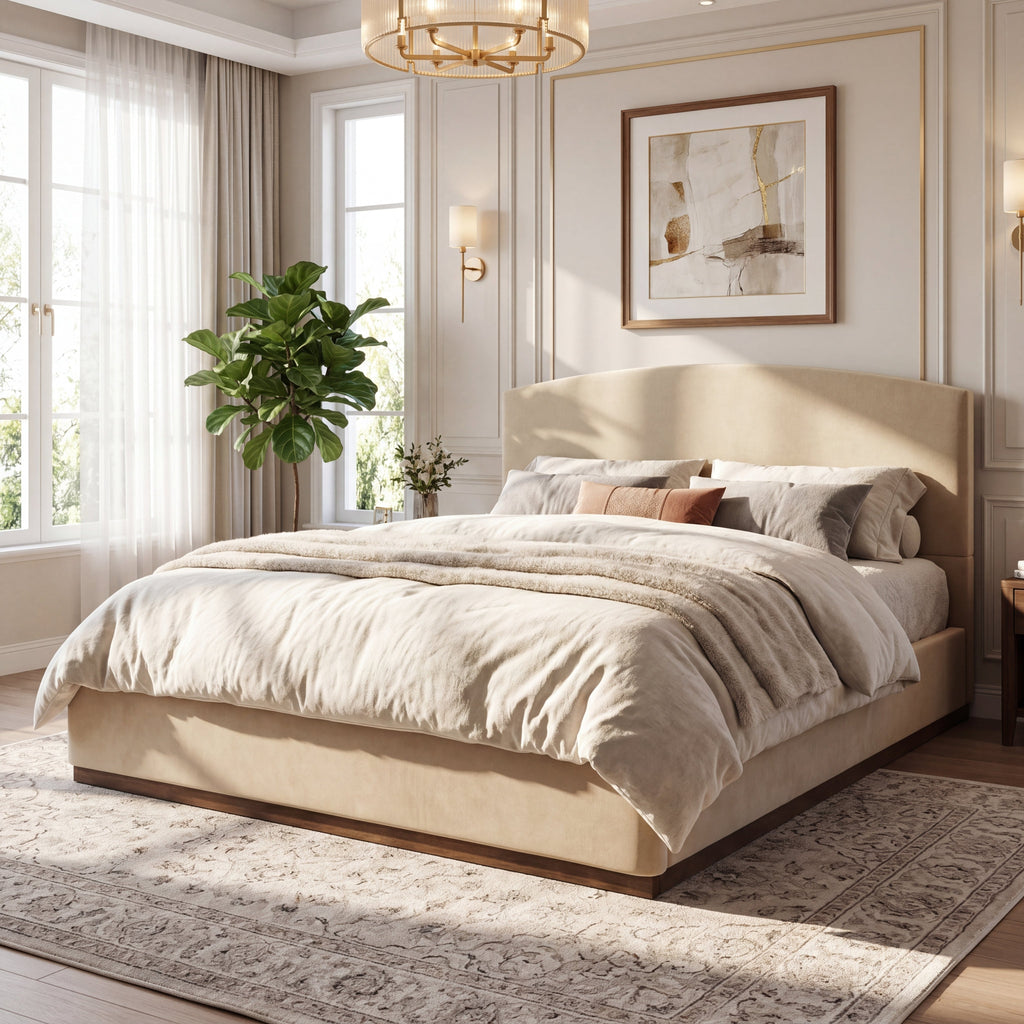 King Size Upholstered Bed Frame With Velvet Fabric Thick Headboard