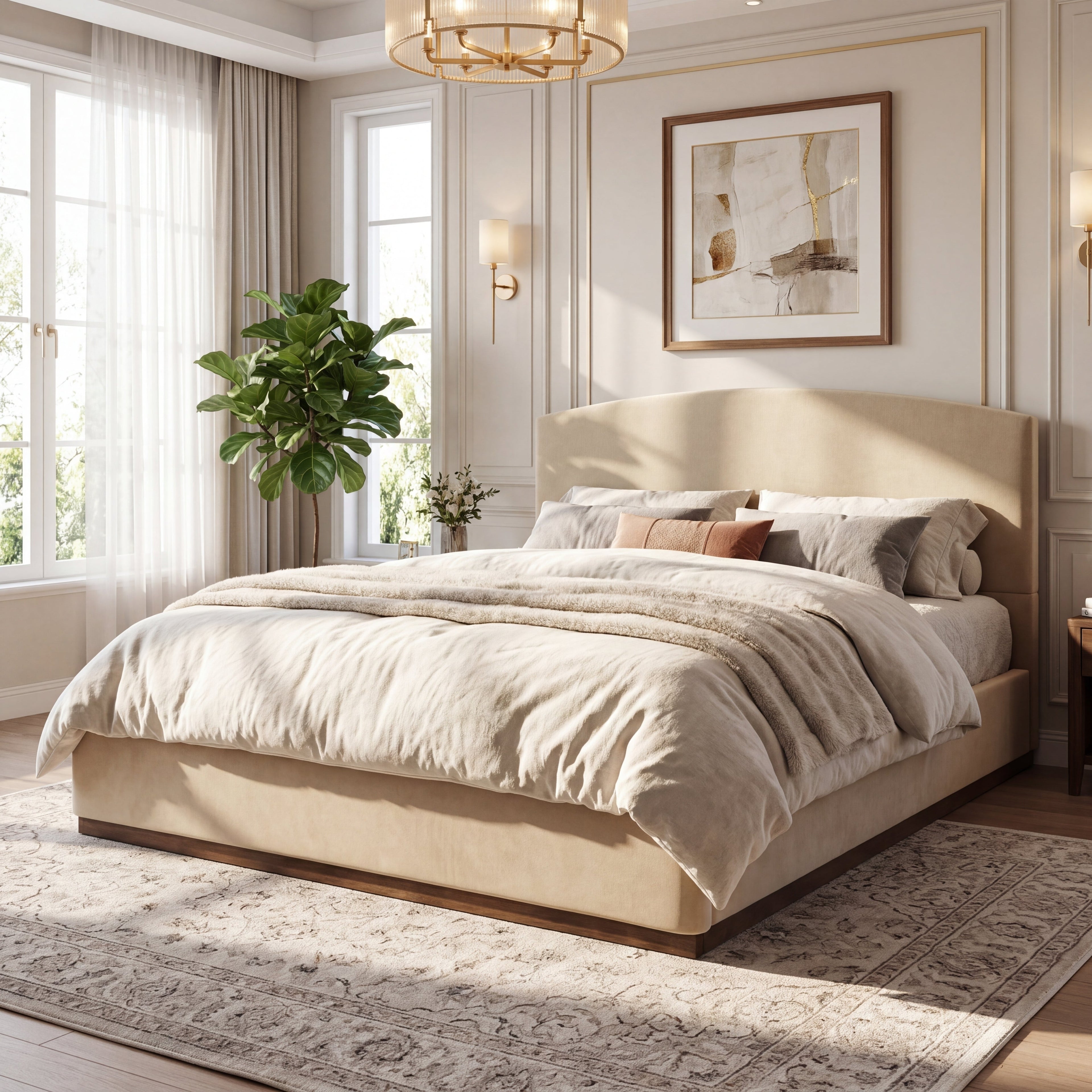 King Size Upholstered Bed Frame With Velvet Fabric Thick Headboard