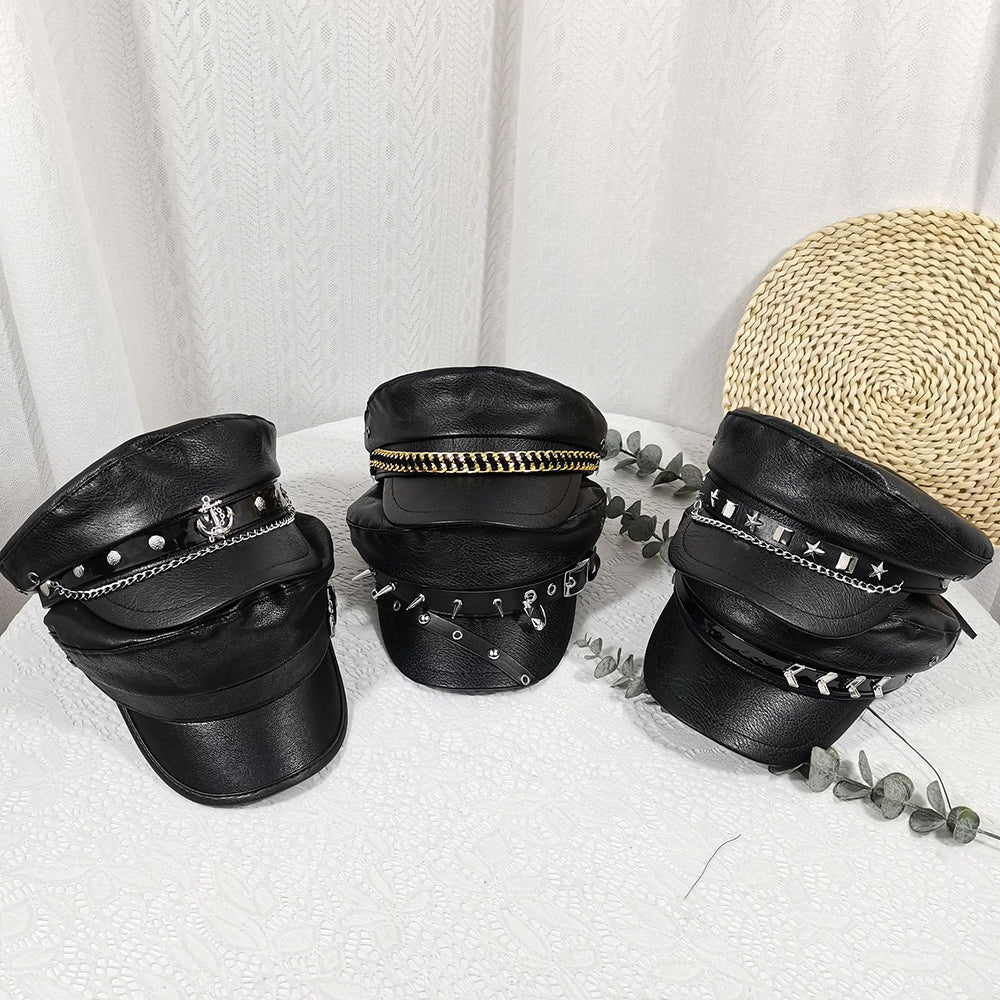 Punk Chain Rivet PU Newsboy Hat, Cool And Bold Girl Style Navy Hat, Halloween Dark-themed Outfit Hat