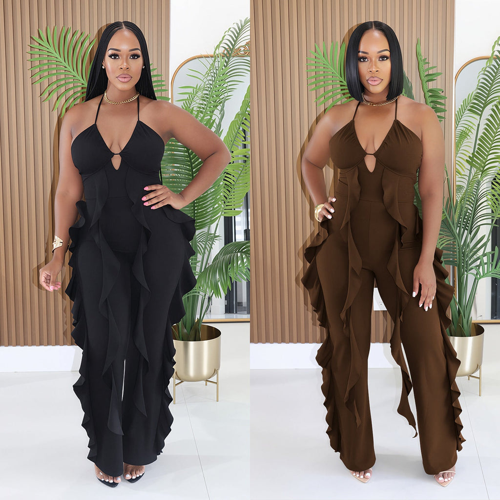 C7836 Cross-border 2026 New Women's Elegant Neck V-neck Ruffled High Waist Slimming Wide Leg Party Jumpsuit