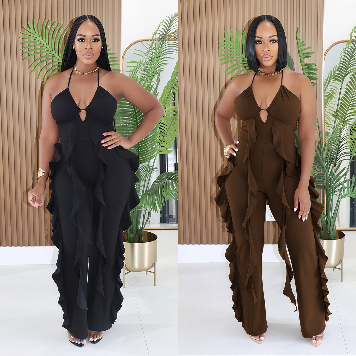 C7836 Cross-border 2026 New Women's Elegant Neck V-neck Ruffled High Waist Slimming Wide Leg Party Jumpsuit