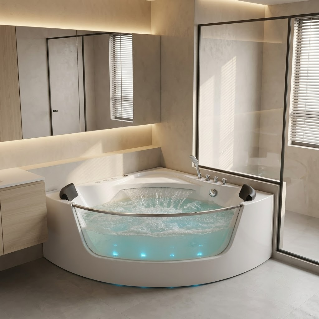 59" Corner Whirlpool Bathtub for 2-Person, Luxury Jetted Spa Tub