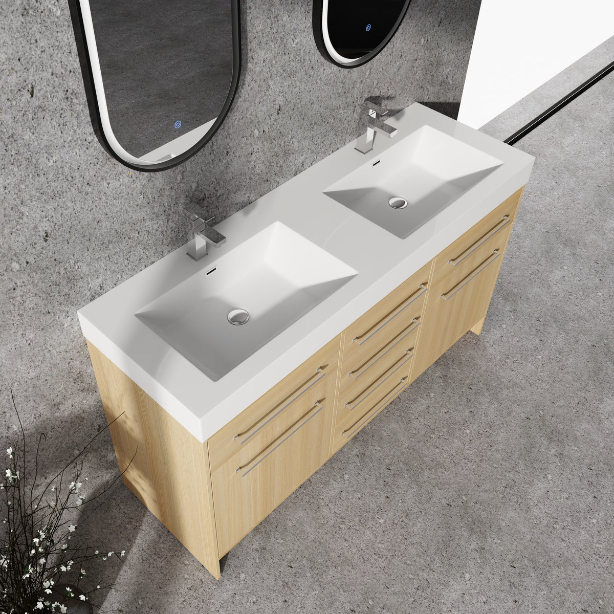 60" Freestanding Bathroom Vanity with Double Resin Sink
