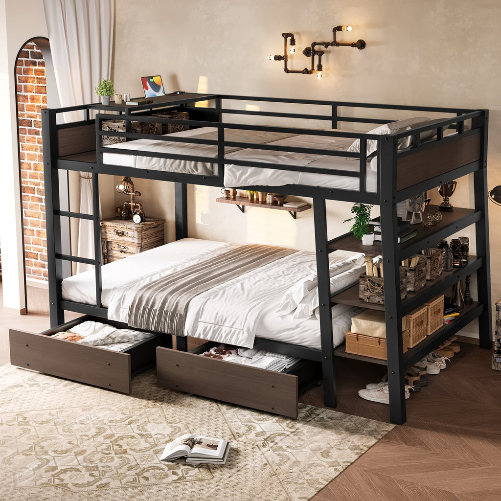 Full Size Metal Bunk Bed with Storage Shelves, LED Light Strip, and USB Power Strip