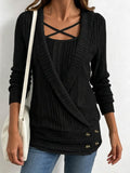 Womens Ribbed Long-sleeve Knit Undershirt With Crisscross Straps