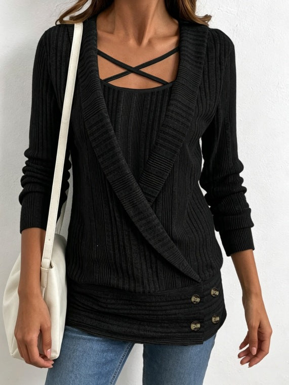 Womens Ribbed Long-sleeve Knit Undershirt With Crisscross Straps