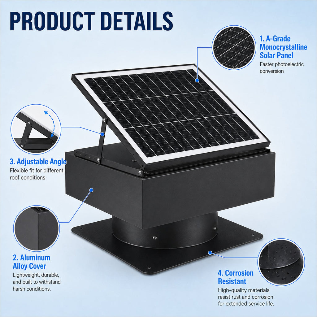 14" Adjustable Square Solar Roof Exhaust Fan