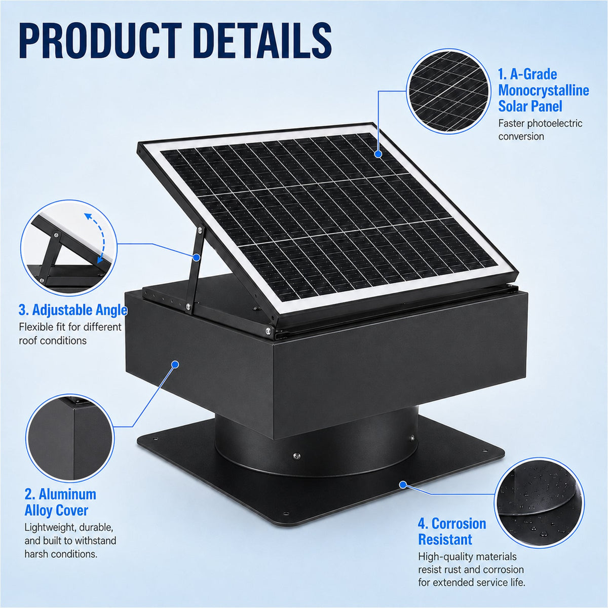 14" Adjustable Square Solar Roof Exhaust Fan