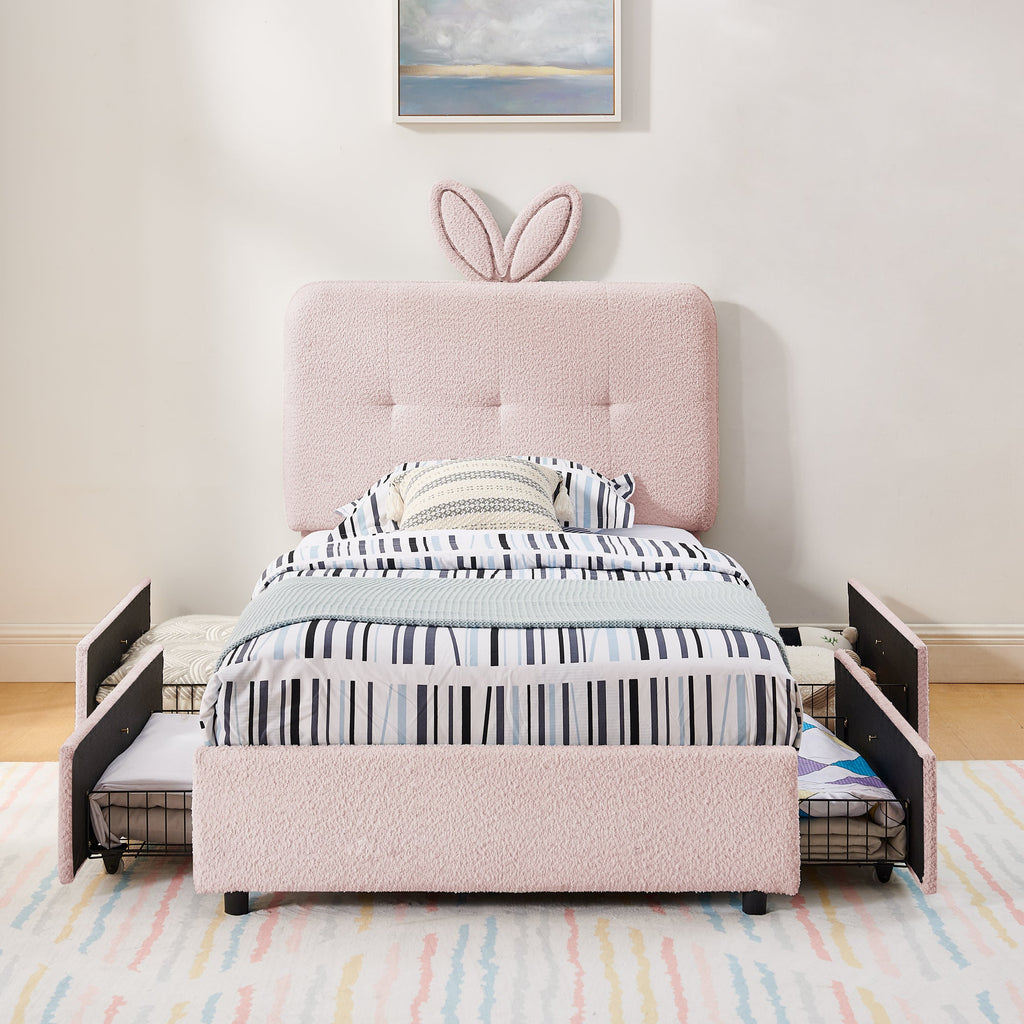 Twin Size Kids Upholstered Bed with Oversized Rabbit Ear Headboard