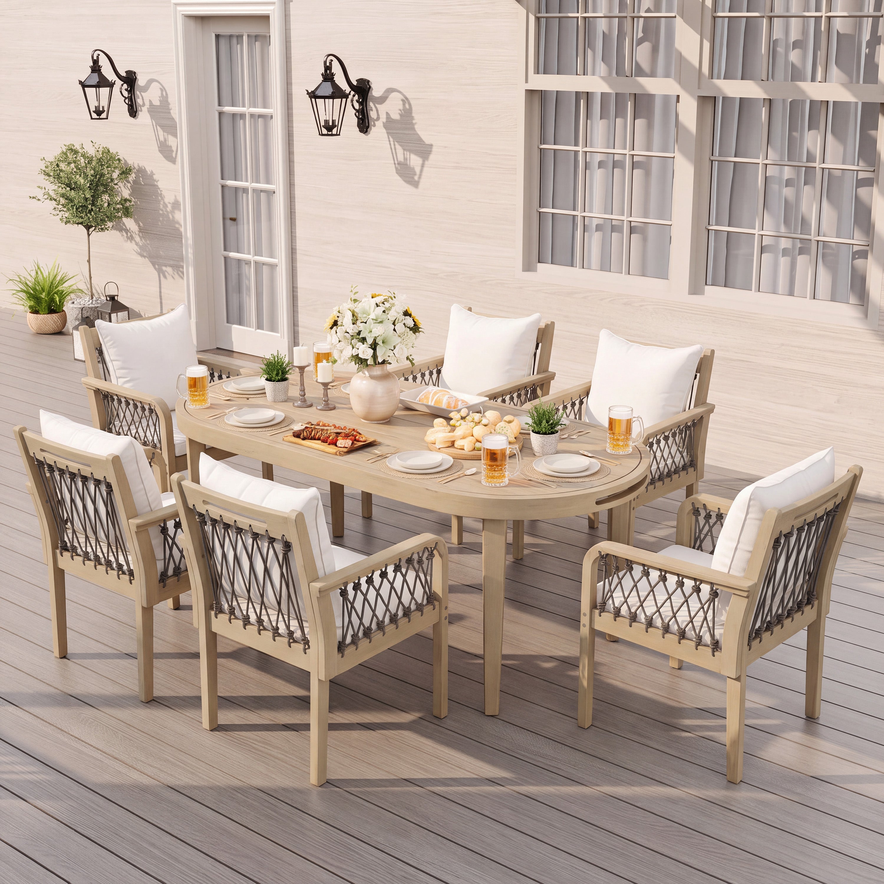 7-Piece Outdoor Acacia Wood Dining Set with Rope-Woven Armchairs