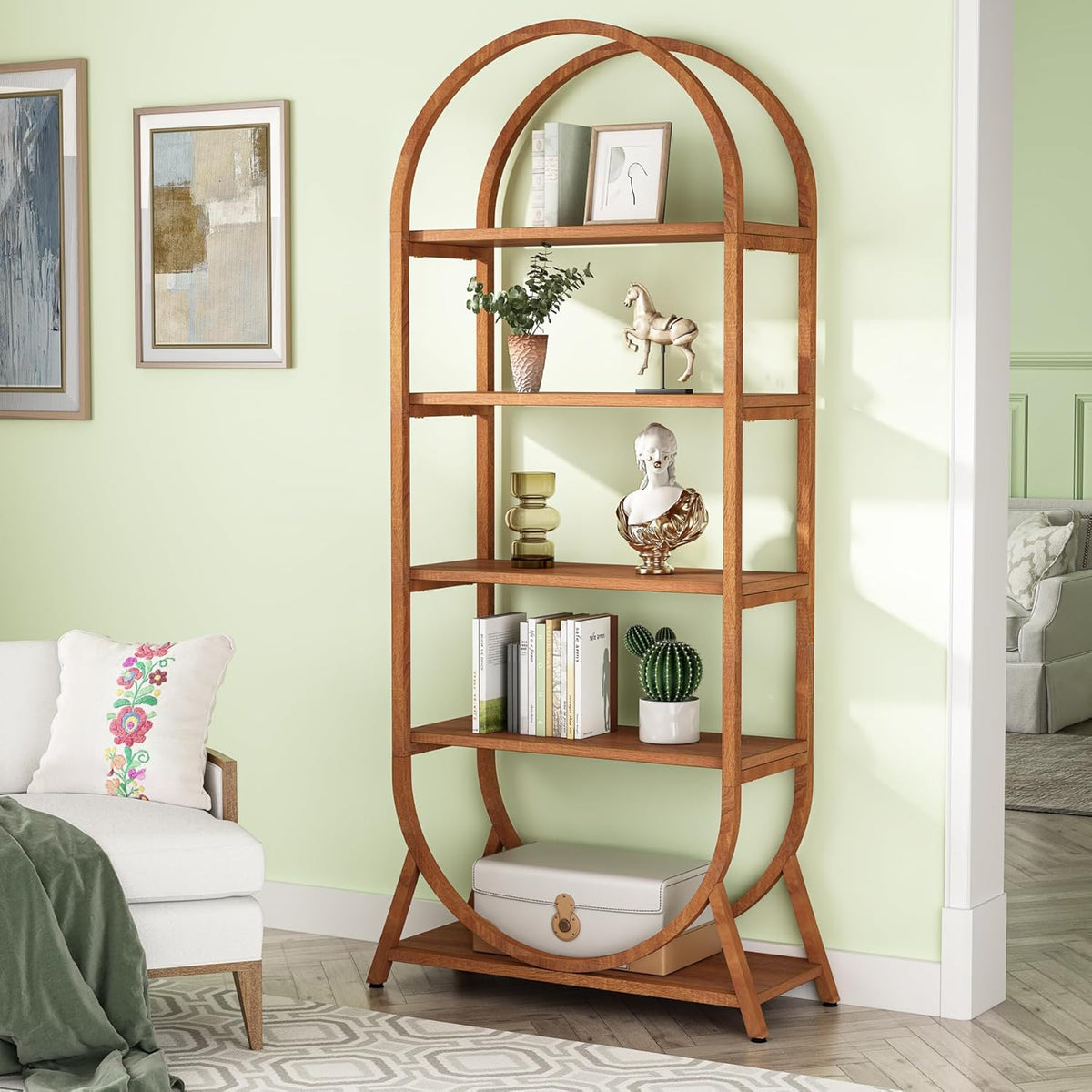 70.8" 5-Tier Modern Brown Arched Open Bookshelf