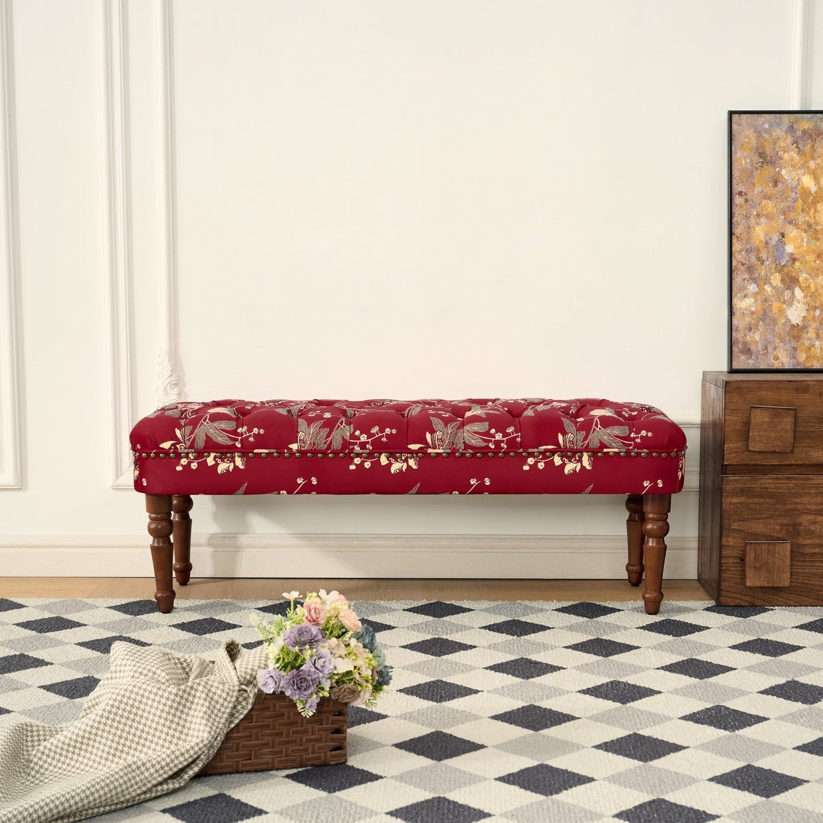 European Style Tufted Floral Bench with Turned Wood Legs