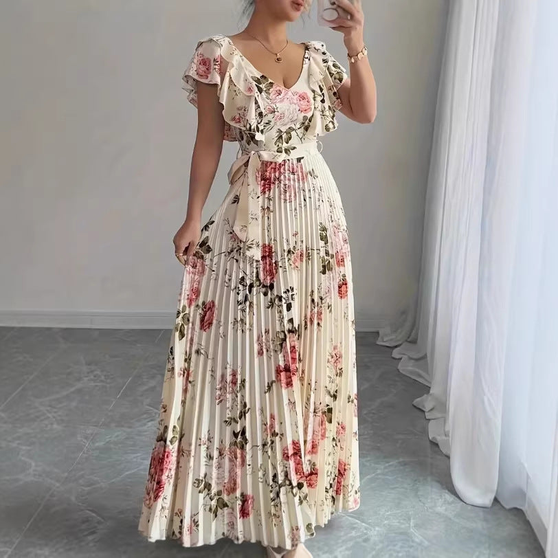 Women's V-neck Printed Ruffle A-line Dress