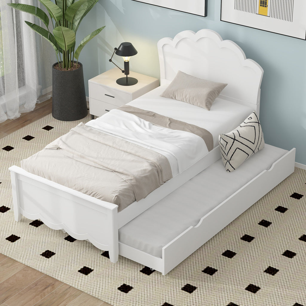 Twin Size Wood Platform Bed with Headboard and Twin Size Trundle