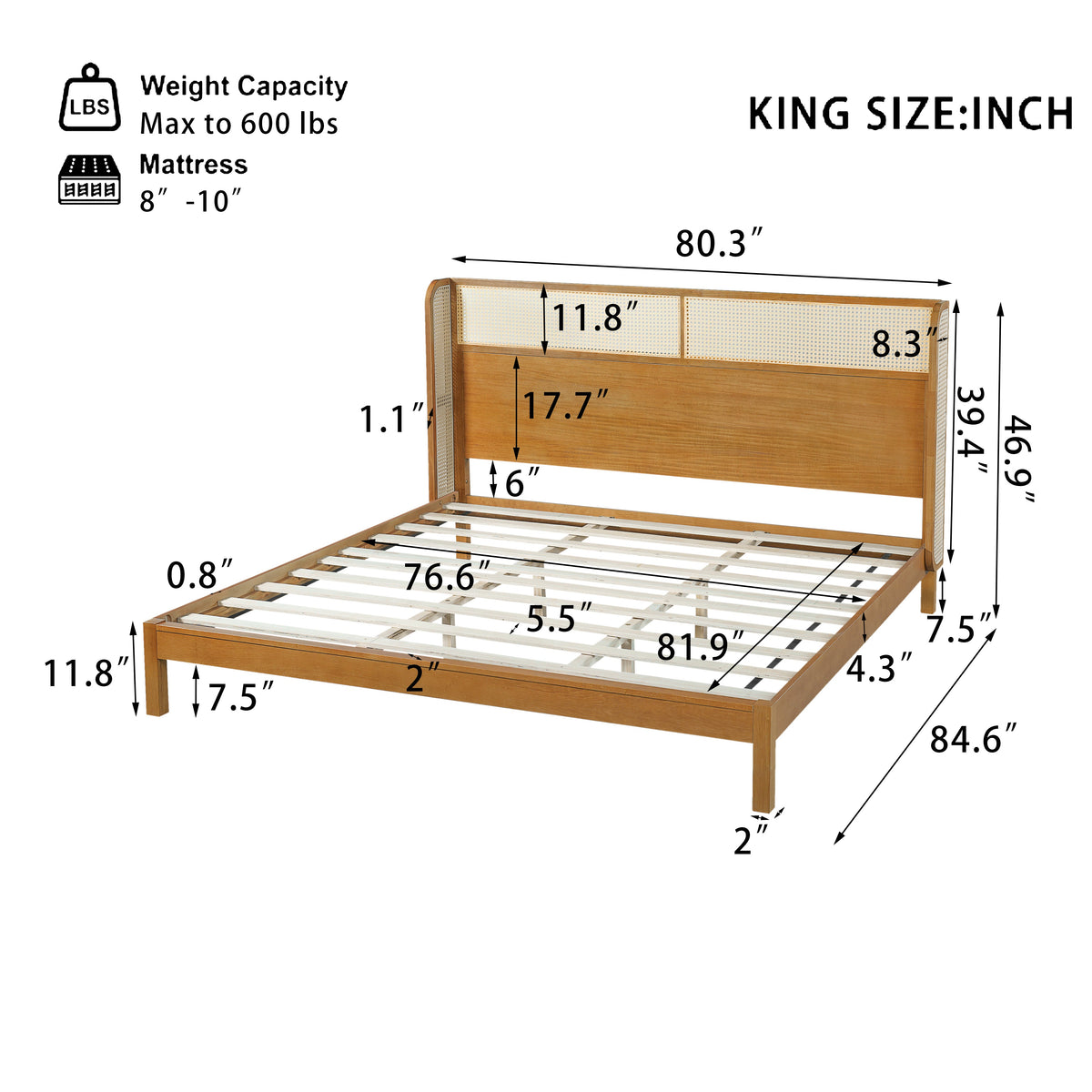 Premium Rubber Wood Platform Bed Frame, King Bed Frame with Headboard