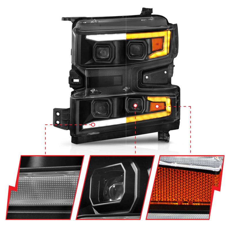 ANZO 19-22 Chevrolet Silverado 1500 LED Proj HL w/Lgt Bar SwBk Seq. Blk w/In. Light - Driver Side ON 111566-L
